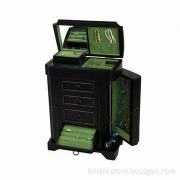 Wooden Jewelry Box with 3 Open Drawers and Drop-down Ring Roll